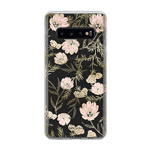 Kate Spade New York Phone Case | For Samsung Galaxy S10 | Protective Clear Crystal Hardshell Phone Cases With Slim Floral Design And Drop Protection - Blossom Pink/Gold With Gems