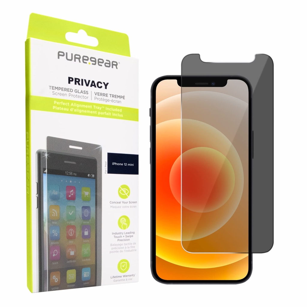 Puregear 2-Way Privacy Tempered Glass Screen Protector Compatible With Iphone 12 Mini (2020) 5.4-Inch, Installation Tray & Frame, Precise Cutout, Anti Spy, Case Friendly, Easy Install, Bubble Free