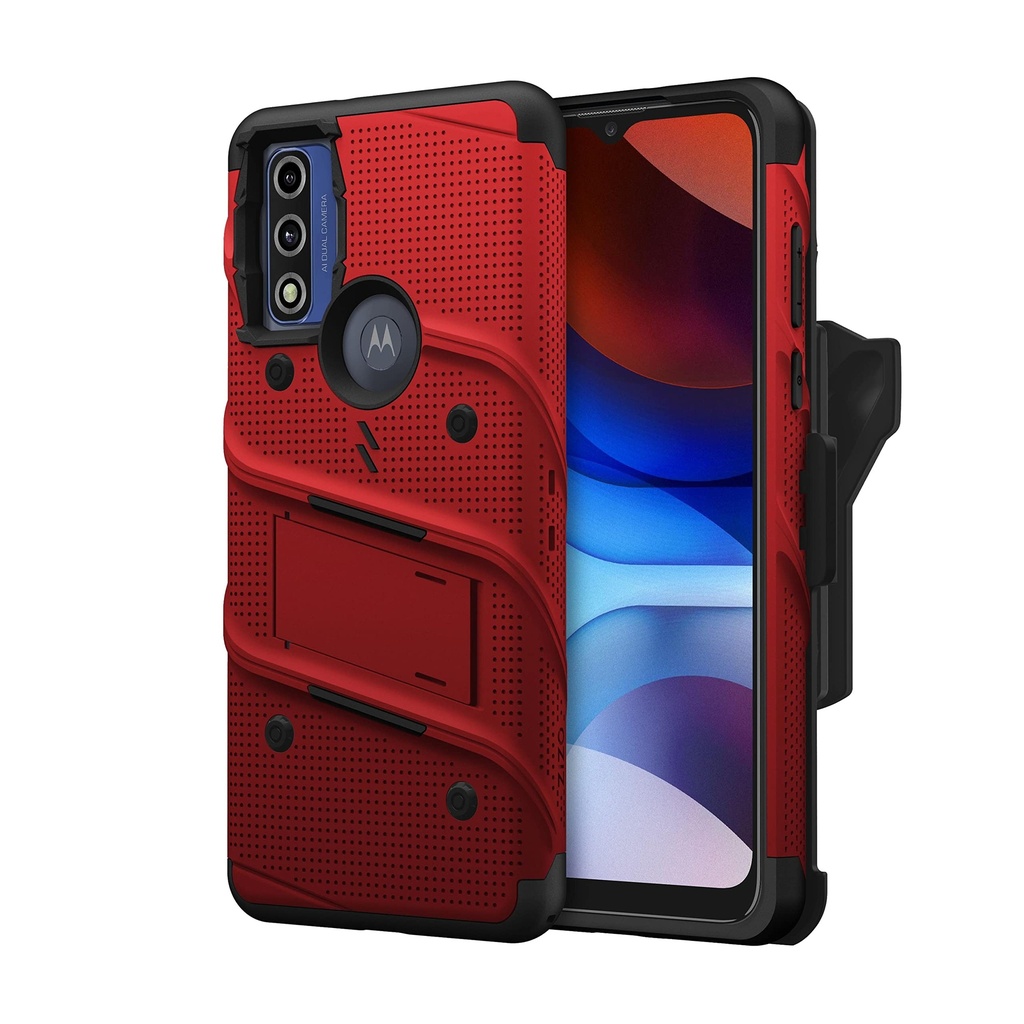 Zizo Bolt Bundle For Moto G Pure Case With Screen Protector Kickstand Holster Lanyard - Red & Black