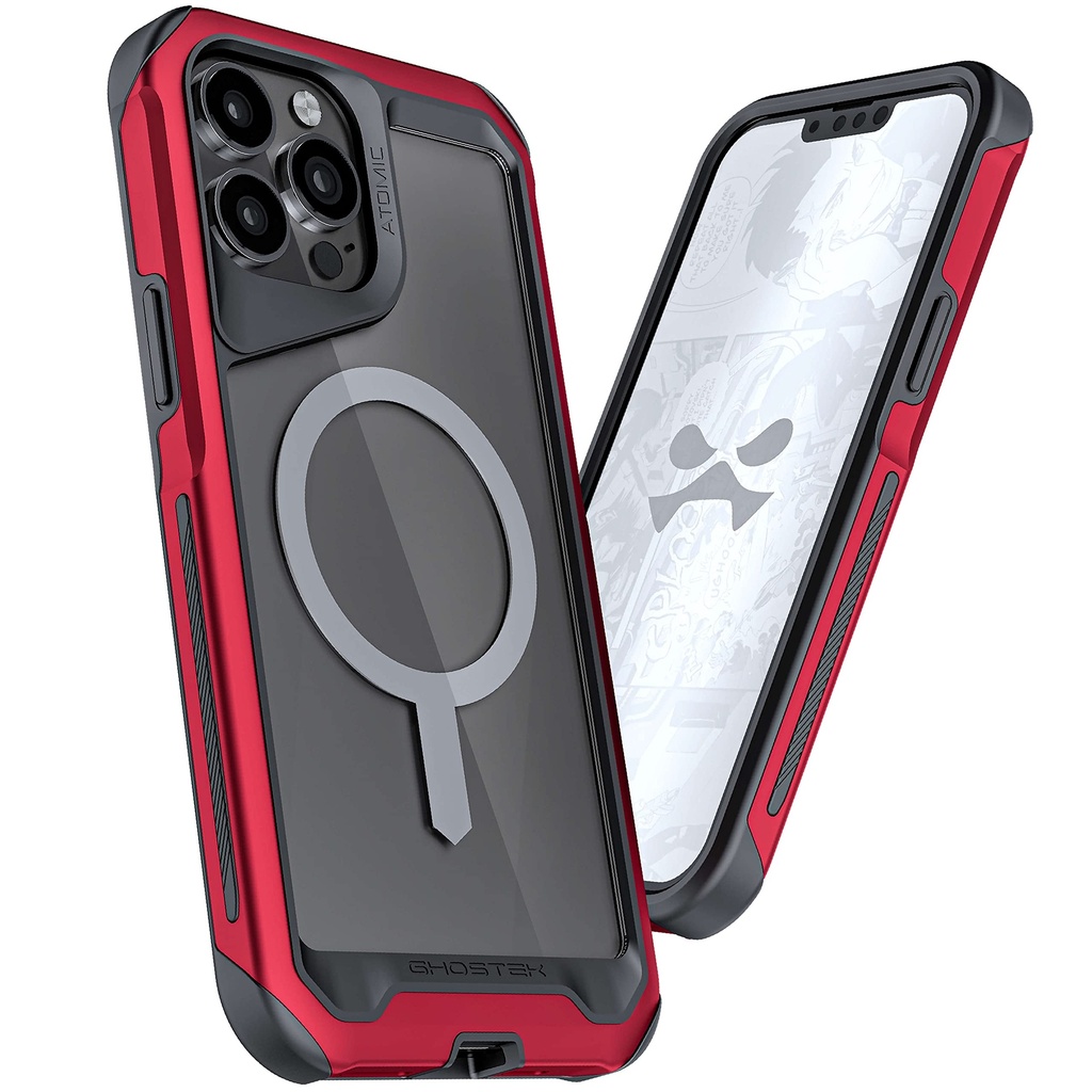 Ghostek Atomic Slim Iphone 13 Pro Max Case Magsafe Ring Magnet Built-In For Wireless Charging And Accessories Crystal Clear Back With Aluminum Frame Designed For 2021 Apple Iphone13promax (6.7") (Red)