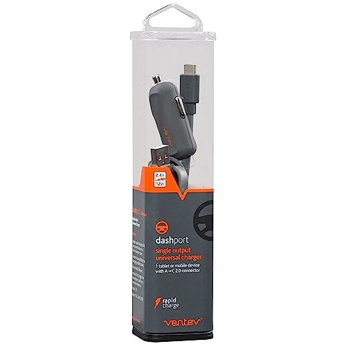 VENTEV DASHPORT 3A 24W UNIVERSAL CAR CHARGER WITH USB TYPE C 2.0 CABLE - GRAY