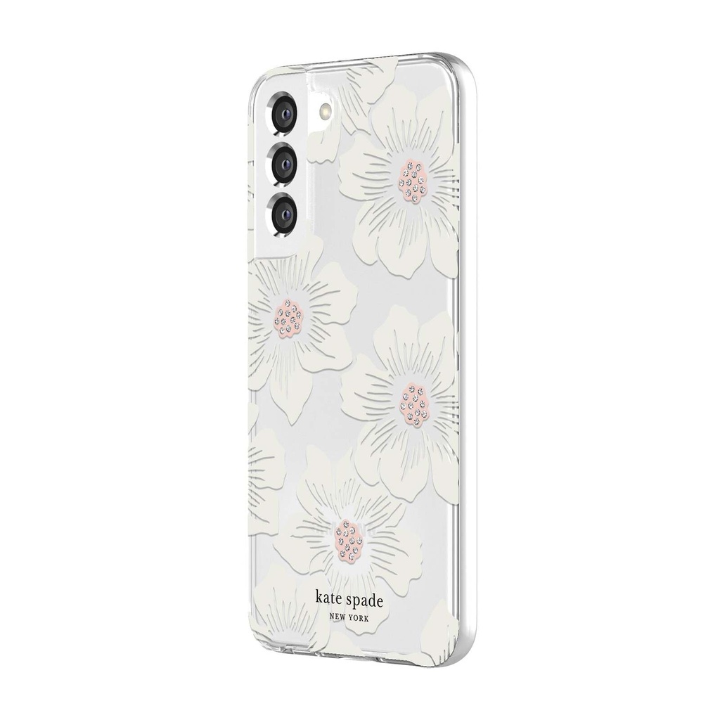 Kate Spade New York Defensive Hardshell Case For Samsung Galaxy S22+ (Plus) - Hollyhock Floral Clear/Cream With Stones/Cream Bumper