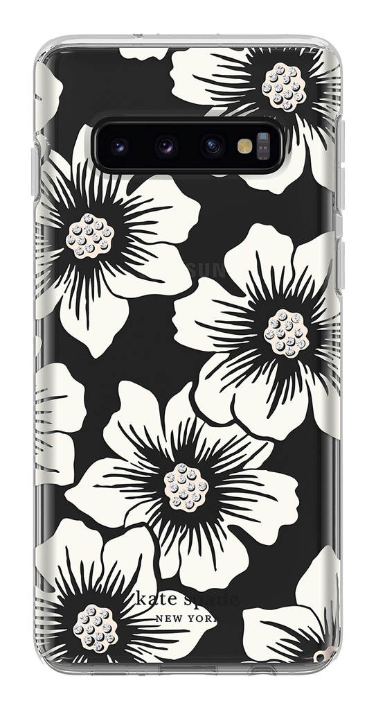 Kate Spade New York Phone Case | For Samsung Galaxy S10 | Protective Clear Crystal Hardshell Phone Cases With Slim Design And Drop Protection - Hollyhock Floral Clear/Cream With Stones