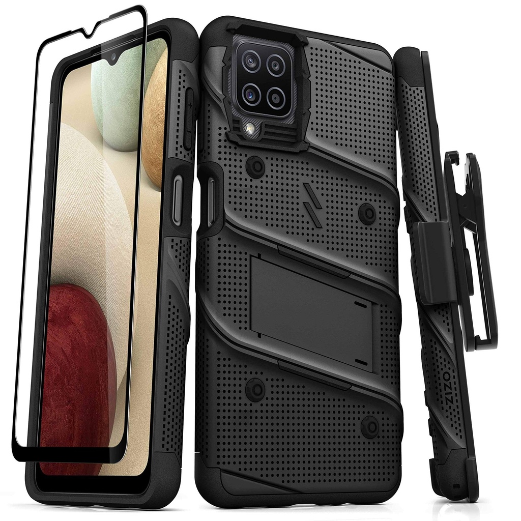 Zizo Bolt Series For Galaxy A12 Case With Screen Protector Kickstand Holster Lanyard - Black