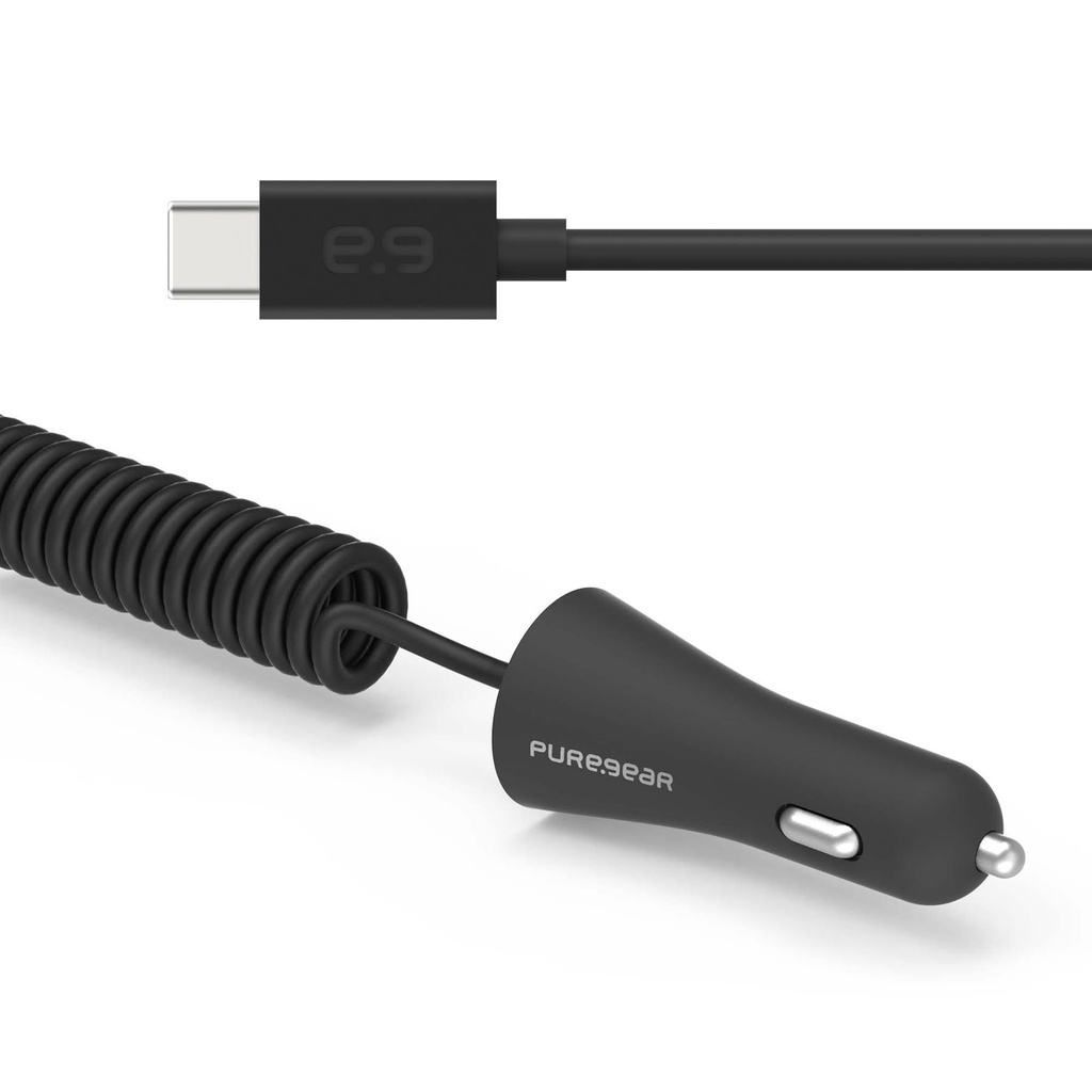 PUREGEAR 5FT COILED 15W/3A VEHICLE CAR CHARGER FOR USB-C TYPE C DEVICES - BLACK